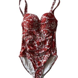 Nip Tuck Red and White Floral Patterned One Piece Swim Suit size 6. EUC